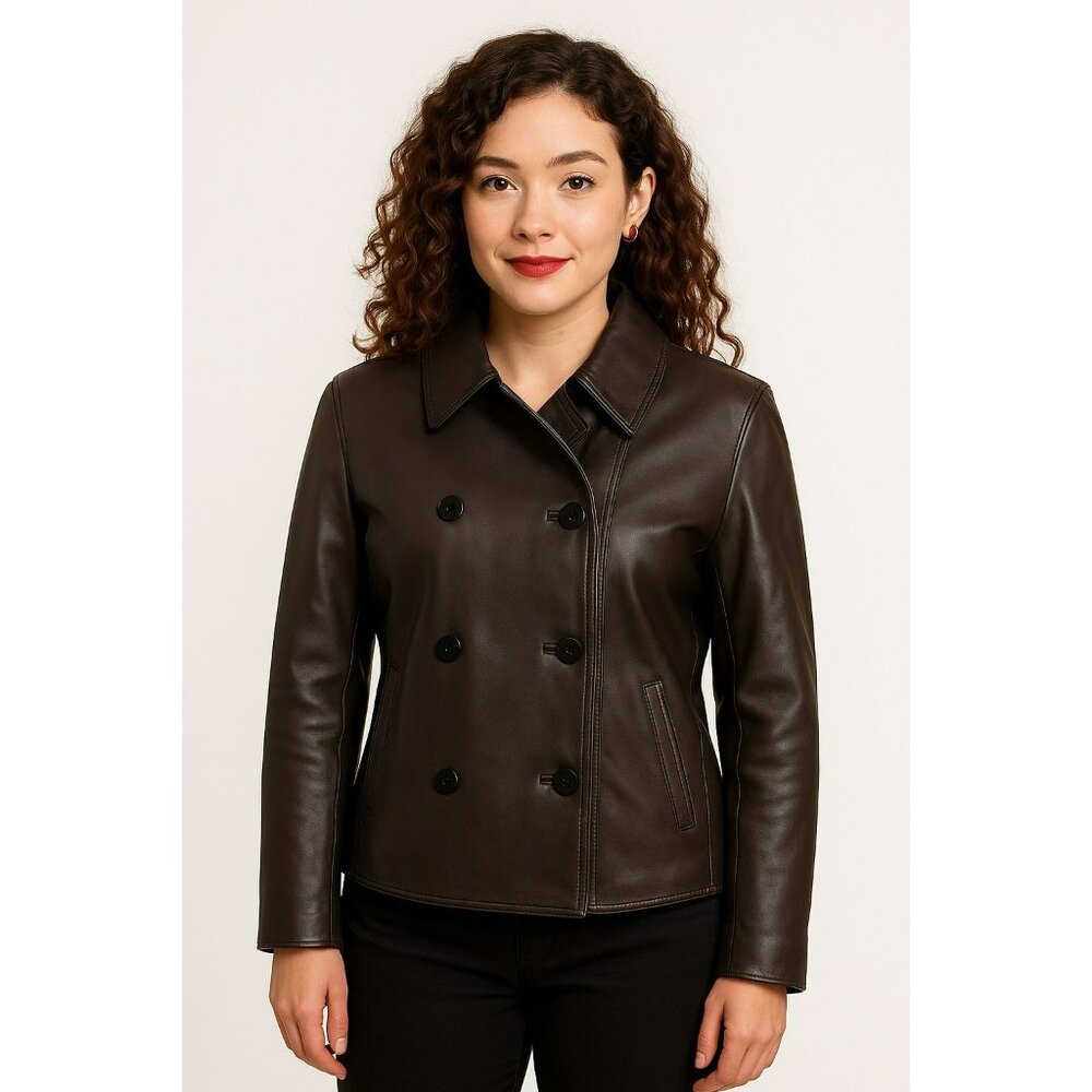 Lauren Ralph Lauren Womens Petite Medium  Double-Breasted Leather Jacket Black